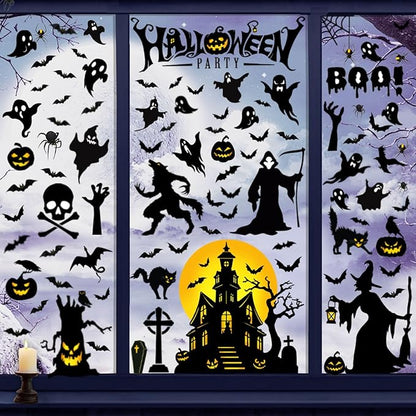 Halloween Window Clings Halloween Window Decals Double-Side Removable Stickers for Halloween Decorations with Ghost Bats Pumpkins Witch Tombstone Haunted House Halloween Window Stickers