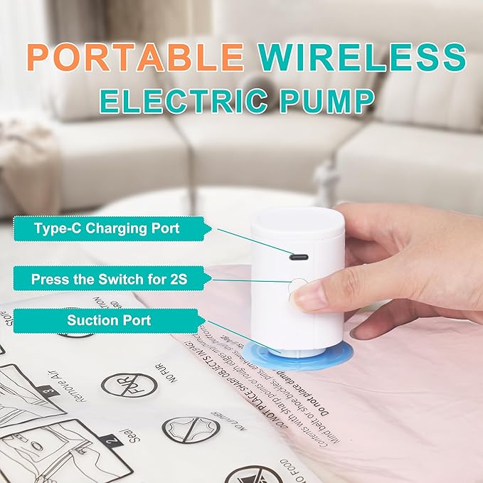 Vacuum Storage Bags with 3000Pa Wireless Pump for Travel, 12 Pack Vacuum Seal Bags for Clothing Travel, Compression Vacuum Bags for Clothes,Luggage,Blankets(4 Large, 4 Medium, 4 Small)