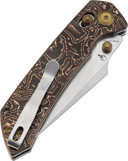 KANSEPT Fenrir Pocket Knife,3.48'' Stonewashed CPM S35VN Harpoon Sharp Blade,Copper Carbon Fiber Handle with Crossbar Lock,Thumb Stud Pocket Clip for Edc,Camping Survival Hiking Folding Knives K1034V3