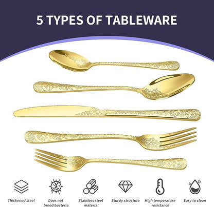 Floral 40 Pcs Gold Silverware Set for 8, Food Grade Stainless Steel Flatware Set with Rose Flower Embossed Design, Eating Utensils Sets Include Fork/Knife/Spoon, Reusable Cutlery Set, Dishwasher Safe