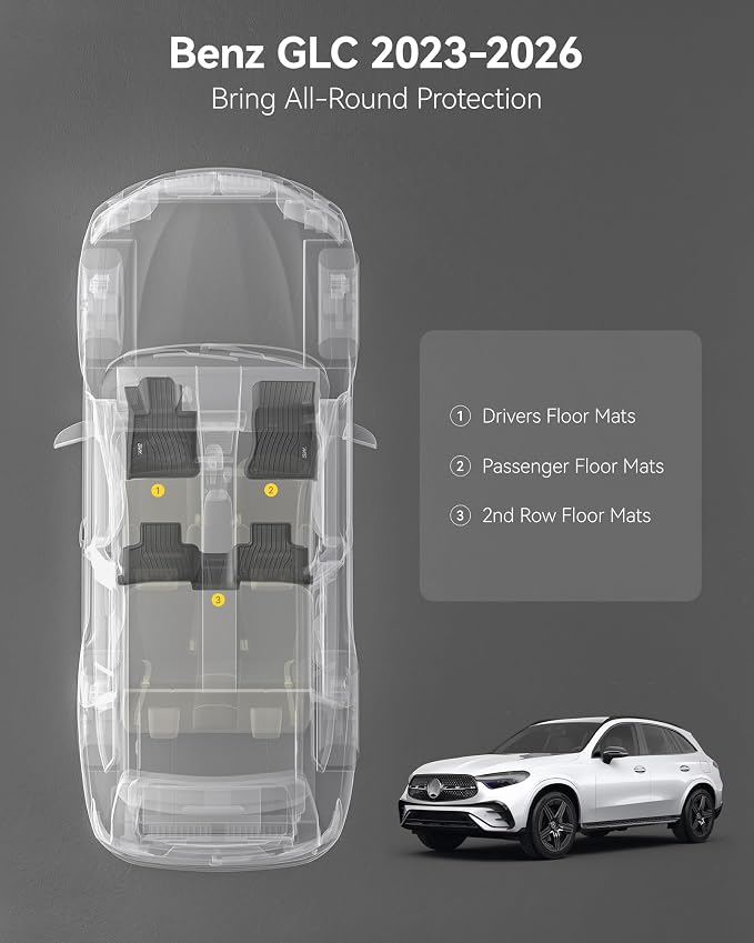 3W Floor Mats for Benz GLC 2023-2026(Coupe Only for 2024-2026), TPE All Weather Custom Fit Floor Liner for Benz Accessories GLC300/GLC350e/GLC43 AMG/GLC 63 AMG S E