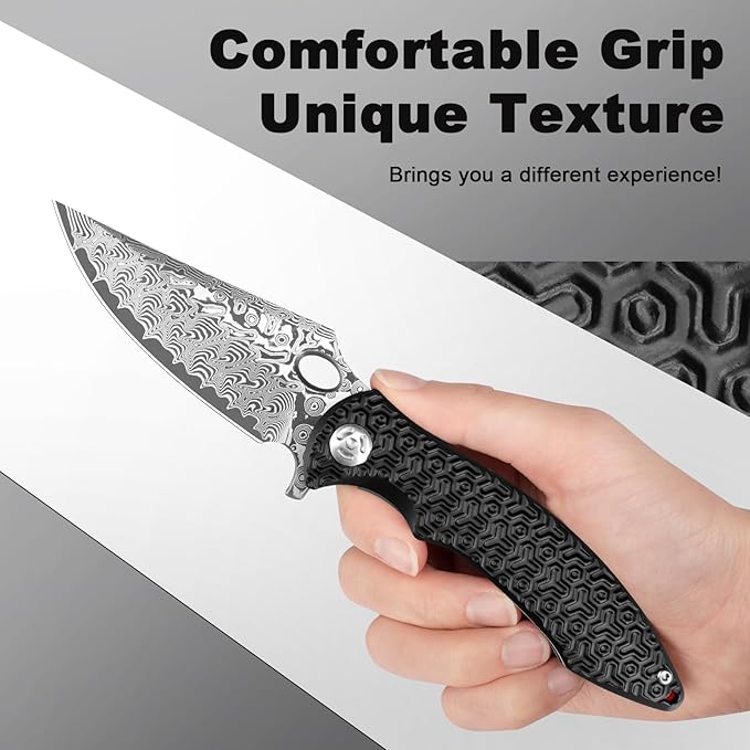 Pocket Knife for EDC Damascus Pocket Knife with Black Aluminum Handle 3.3" Damascus Blade Pocket knives & Folding Knives