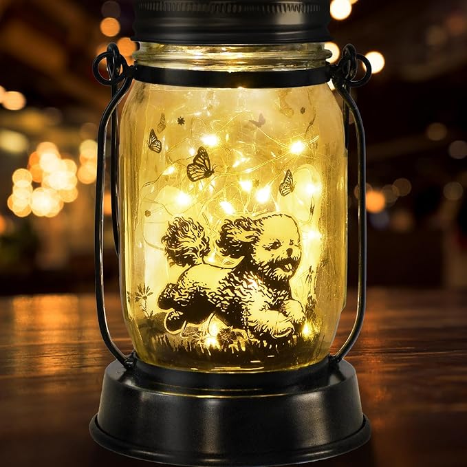 Bichon Dog Gifts for Women/Men Bichon Frise Solar Lanterns Birthday Dog Lovers Lantern Pet Loss Dog Memorial Lights Solar Garden Decoration for Yard, Patio,Backyard,Porch Torches Light