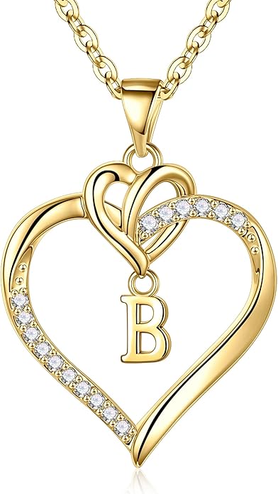 STORUP Heart Initial Necklaces for Women Girls, 14K Gold Plated Cubic Zirconia Heart Initial A-Z Pendant Necklace Dainty Heart Necklaces for Women Teen Girl Jewelry Birthday Gifts
