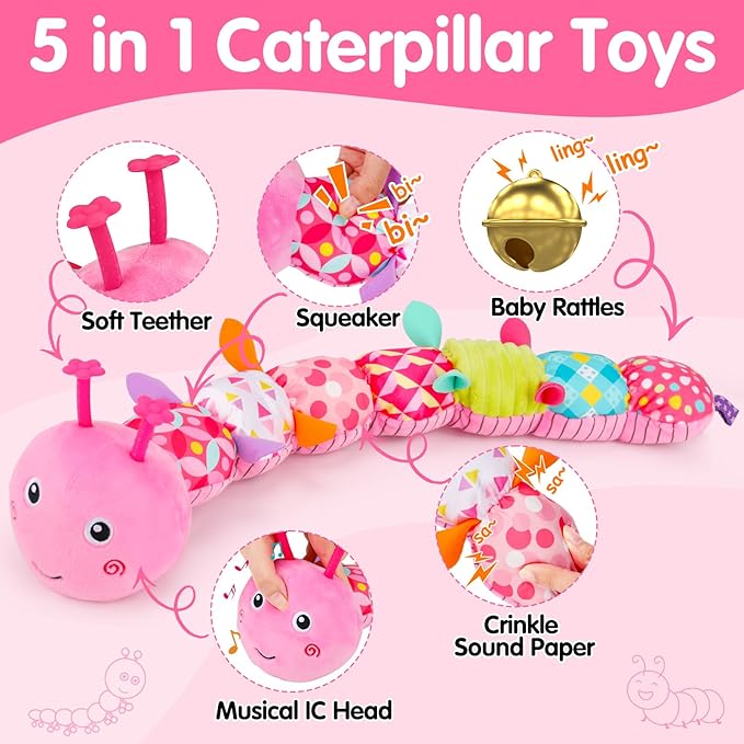 Baby Tummy Time Toy 0-6 Month Musical Stuffed Animal Plush Caterpillar Toy for Infant 6-12 Month Teething Sensory Toy with Crinkle Rattle for Babies 0-3-6 Month Newborn Toys Girl Shower
