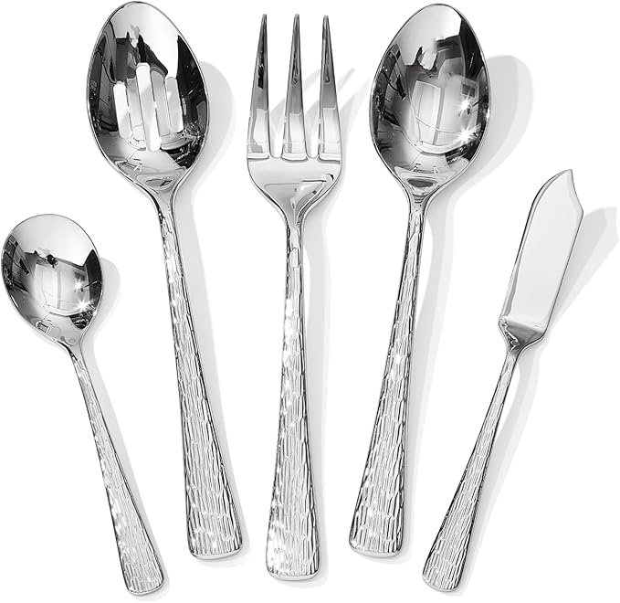 KINGSTONE Hammered 5-Piece Serving Utensil Set, 18/10 Stainless Steel Flatware for Catering, Party Include Spoons, Slotted Spoon, Fork, Butter Knife - Mirror Finish & Dishwasher Safe