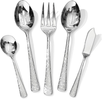 KINGSTONE Hammered 5-Piece Serving Utensil Set, 18/10 Stainless Steel Flatware for Catering, Party Include Spoons, Slotted Spoon, Fork, Butter Knife - Mirror Finish & Dishwasher Safe