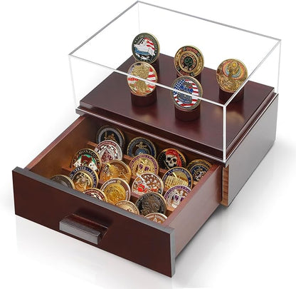 Challenge Coin Display Case, Military Coin Collection Holder with Wooden Coin Box, Drawers, and Clear Acrylic Lid – Gifts for Coins Collectors (5 Pillars)
