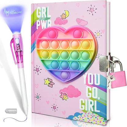 Pop Girls Diary with Lock and Invisible Ink Double-end Pen, 7.5x5.4” 160 Lined Page Fidget Colorful Heart Girls Journal for Kids Secret Notebook Pen Set Birthday Gifts for Girls 5 6 7 8 9 10 Years Old