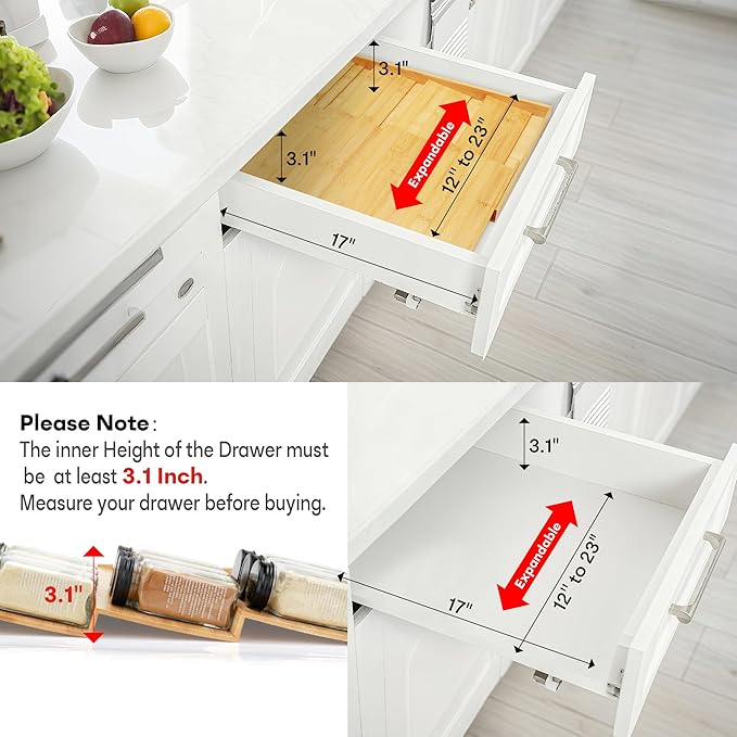 Bamboo Spice Drawer Organizer, Expandable 4 Tier Spice Rack