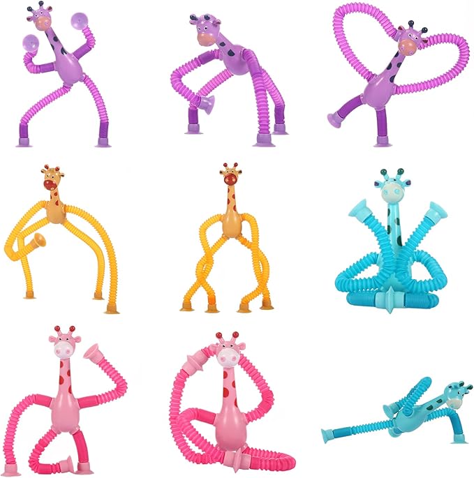 4Pcs Giraffe Pop Tube Sensory Toys, Telescopic Suction Fidget Toys for Autism, Toddler Travel & Airplane Activities, 2025 Boy & Girl Christmas Stocking Stuffers Gift Idea