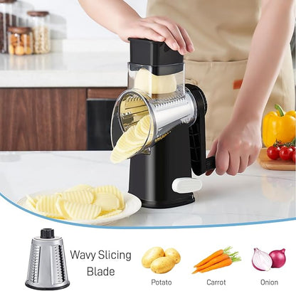 VEKAYA Cheese Grater, Cheese Grater Hand Crank, 4 Interchangeable Blades Cheese Shredder, Vegetable Slicer, Non-slip Suction Base, Easy to Clean Rotary Grater with Handle (Black)