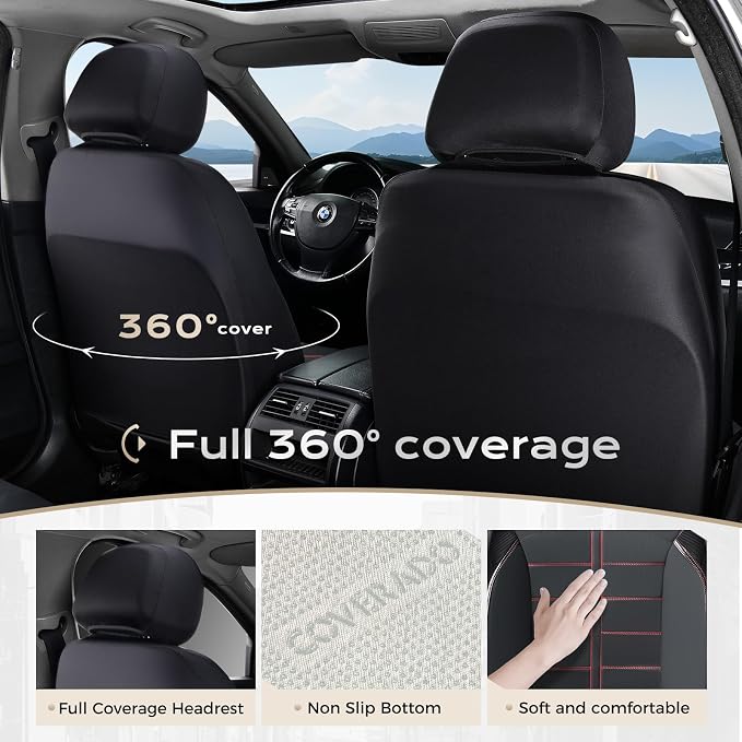 Coverado Full Set Leather Car Seat Covers, Crafted with Full Leather Construction and Carbon Fibre Weave Universal Fit for Most Cars SUV Trucks(Redline