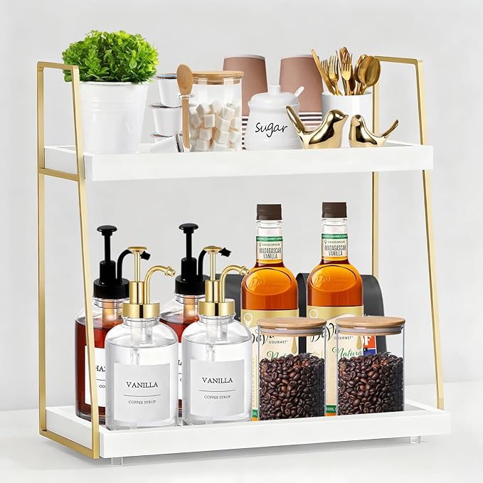 Coffee Bar Organizer for Countertop, 2 Tier Wooden Shelf for Coffeebar