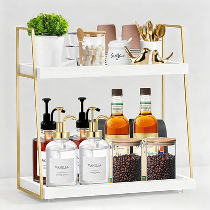 Coffee Bar Organizer for Countertop, 2 Tier Wooden Shelf for Coffeebar