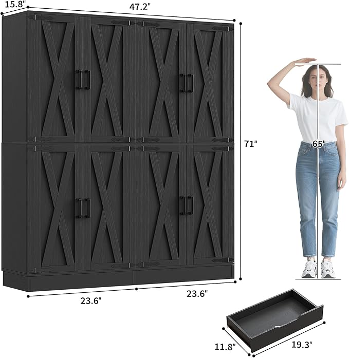Unikito Kitchen Pantry Cabinet with Farmhouse Barn Doors and Storage Drawer, 8 Adjustable Shelves, Freestanding Tall 71" Cupboard for Dining Room, Living Room, Utility Room, Black 2 Pack