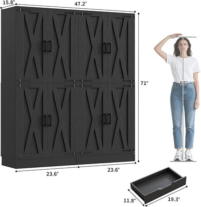 Unikito Kitchen Pantry Cabinet with Farmhouse Barn Doors and Storage Drawer, 8 Adjustable Shelves, Freestanding Tall 71" Cupboard for Dining Room, Living Room, Utility Room, Black 2 Pack