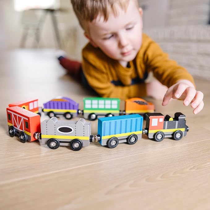 Melissa & Doug Wooden Magnetic Train Cars - 8 Piece Educational and Skill-Building Wooden Toy for Boys and Girls
