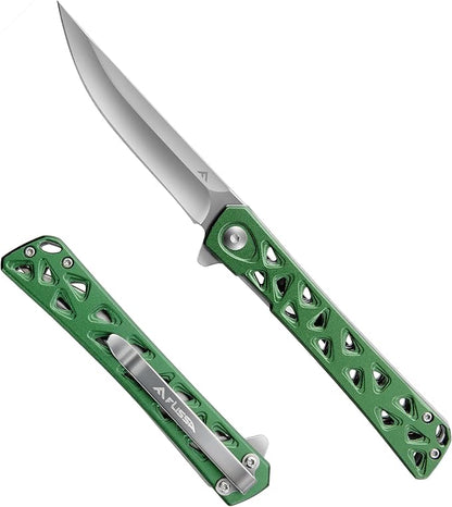 FLISSA Folding Knife, 4.5" Folding Pocket Knife, Hollow-out Design Handle, Tactical Pocket Knife for Hunting, Survival, EDC, Camping and Outdoor Activities, Green