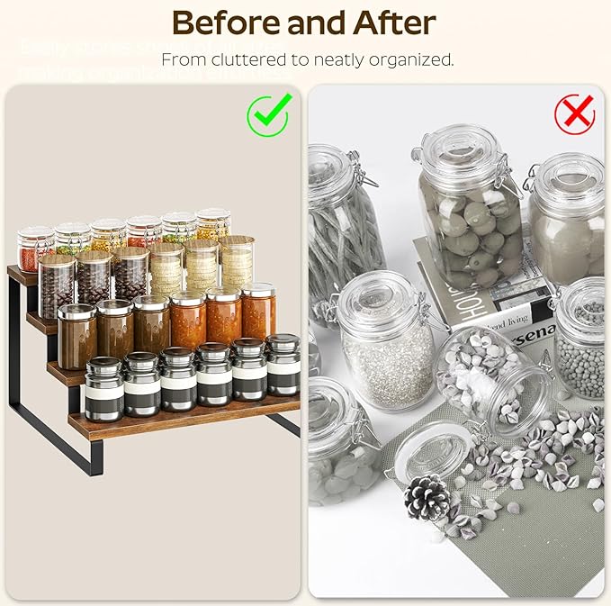 YATINEY Spice Rack, 4 Tier Wooden Display Riser Stand, Kitchen Storage Organizer