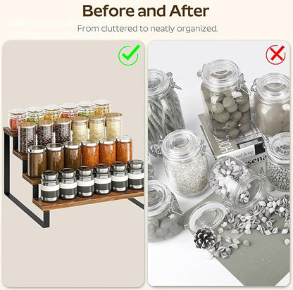 YATINEY Spice Rack, 4 Tier Wooden Display Riser Stand, Kitchen Storage Organizer