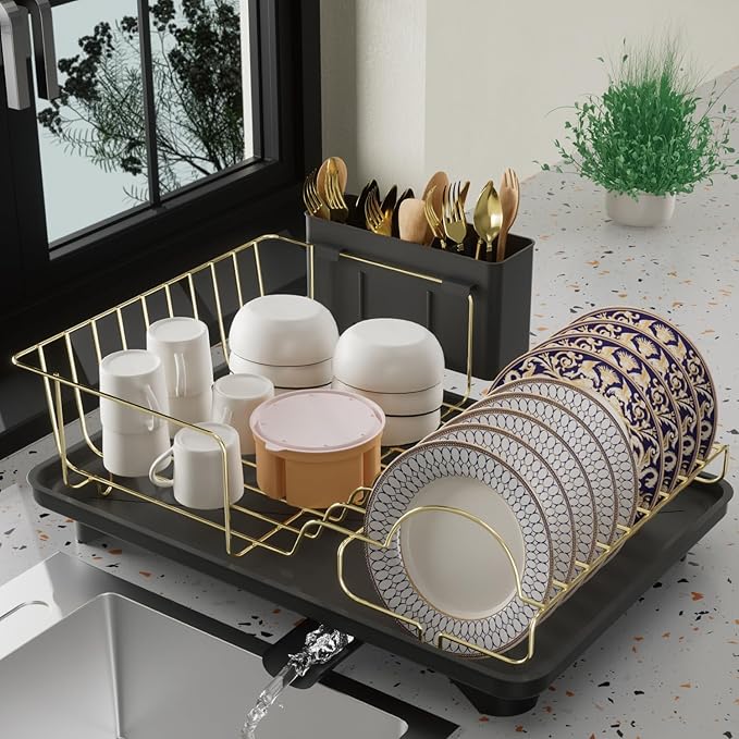 Buruis Dish Drying Rack for Kitchen Countertop, Large Capacity Gold Stainless