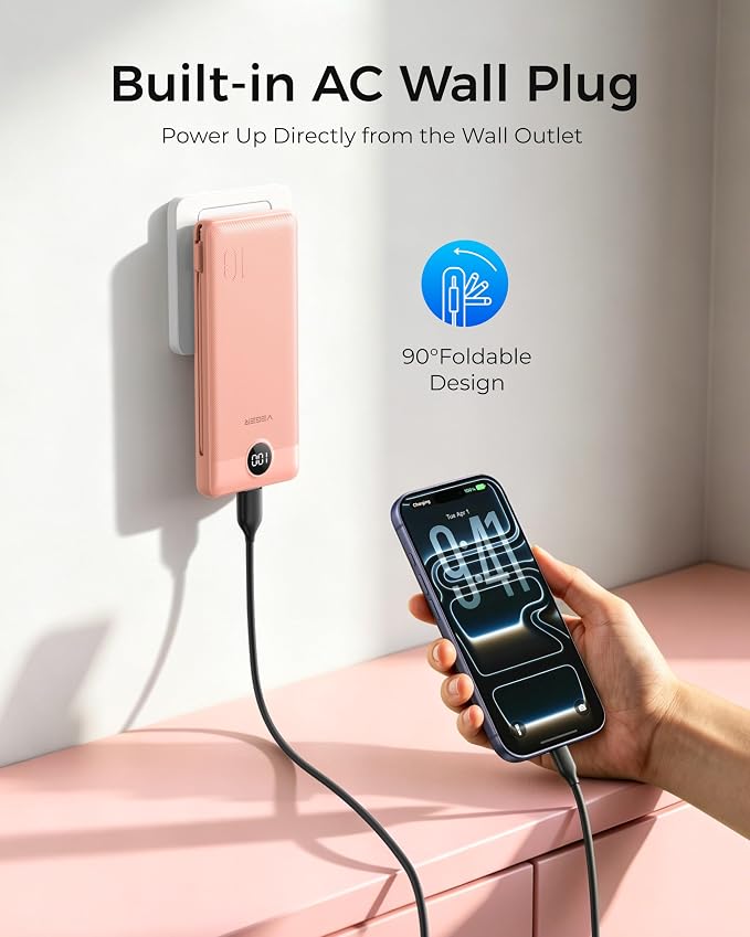 VEGER Portable Charger Power Bank with Built-in AC Plug and Cables, All in One 10000mAh Ultra Slim Travel Essentials, Fast Charging Battery Pack Compatible with iPhone, Samsung, More, Dark Pink