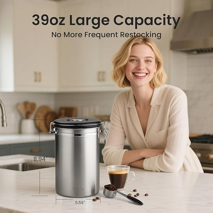 Veken Coffee Canister, 39OZ Large, Airtight Stainless Steel Food Storage Container for 2.2lbs Coffee Beans, Ground, Sugar, Tea, Flour, Cereal, Kitchen Bar Accessories with Date Tracker & Scoop, Silver