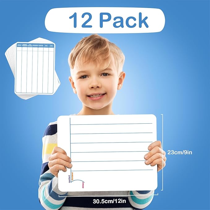 Aizweb 12 Pack Long Division Dry Erase Board Card,12" x 9" Multiplication Small Whiteboard Math Manipulatives for Kids Student Classroom Must Have Homeschool Teacher Supplies Learning Activities