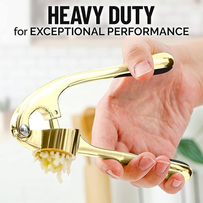 Zulay Kitchen Premium Garlic Press with Soft, Easy to Squeeze Handle - Includes Silicone Garlic Peeler & Cleaning Brush - 3 Piece Garlic Mincer Tool - Sturdy Easy to Clean Garlic Crusher (Gold)
