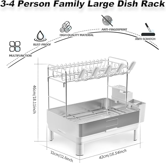 Ewaiira Dish Drying Rack, 2 Tier Large Dish Rack, Stainless Steel Dish Drainer