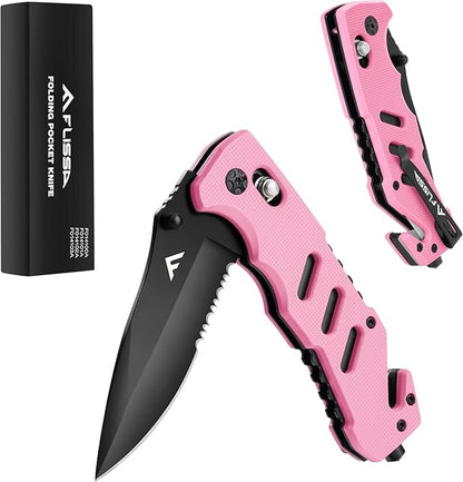 FLISSA Folding Pocket Knife with Clip, Glass Breaker and Seatbelt Cutter, Survival Knife for Emergency Rescue Situations, EDC Knife for Tactical, Hunting, Camping, Outdoor, Unique Gifts for Dad, Father-Pink