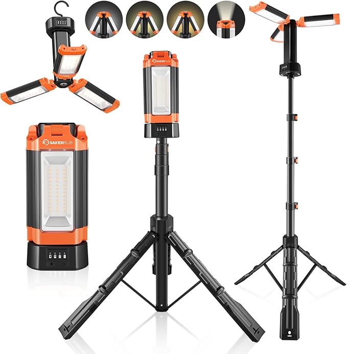 Portable Camping Light with Stand, 20000mAh Outdoor Work Light 800-3200 Lumen, 6.1ft Height with Detachable Tripod, 3300-6500K Dimmable LED, Camping Essentials Gear Emergency Flashlight