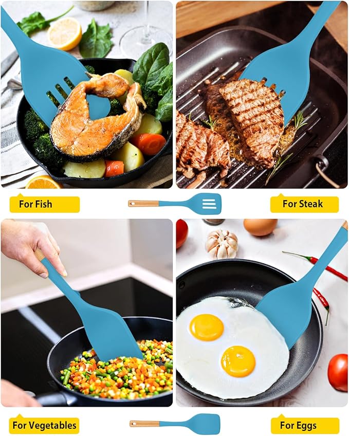 Pack of 2 Large Silicone Spatula, Heat Resistant Solid Turner, Non Stick Slotted Spatulas with Wooden Handle, Ideal Kitchen Utensils for Flipping, Pancakes, Eggs, Fish(BLUE)