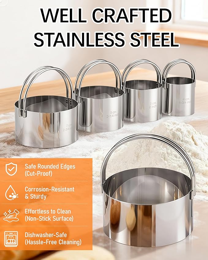 Biscuit Cutter Set with Handle, 5 Piece Stainless Steel Round Cookie Cutter Tool