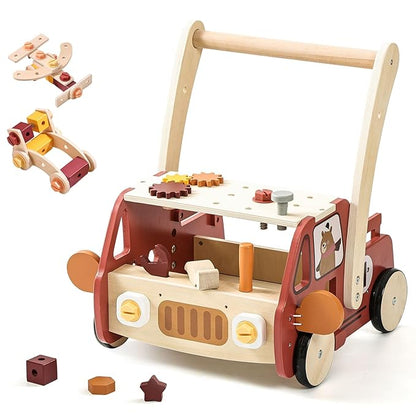 3-in-1 Wooden Baby Walker Adjustable Height with Tool Bench and Toy Storage Wagon - Multifunctional Toddler Push Walker Ergonomically Designed for Natural Walking - 3+ Years of Continuous Use