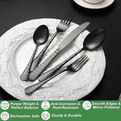 40 Pcs Black Silverware Set for 8 with Water Cube Handle design, Food Grade Stainless Steel Flatware Set, Eating Utensils Sets Include Fork/Knife/Spoon, Reusable Cutlery Set, Dishwasher Safe