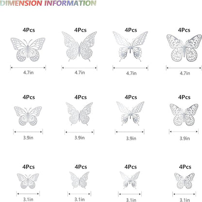 SAOROPEB 3D Butterfly Wall Decor, 48 Pcs 4 Styles 3 Sizes, Removable Metallic Wall Sticker Room Mural Decals for Kids Bedroom Nursery Classroom Party Decoration Wedding Decor DIY Gift (Sliver)