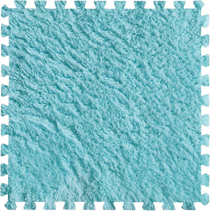 16pcs 0.6" Thickened Interlocking Tile Mats,Fluffy Shaggy Soft EVA Foam Area Rug for Living Room & Bedroom,Non-Slip Protective Floor Carpet Play Mat Kids Baby Dorm Home Decor (11.8ft, Blue)