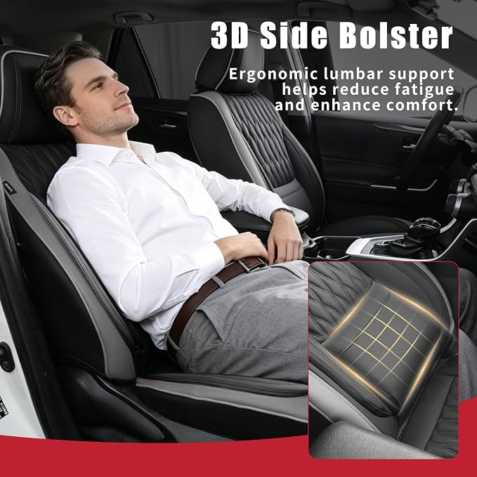 Car Seat Covers , Luxury Breathable Waterproof Faux Leatherette Car Seat Covers Cushion Protectors with Lumbar Support, Car Seat Cushion, Universal Fit Most Cars (Black-Gray, Front Seats - 2 PCS)