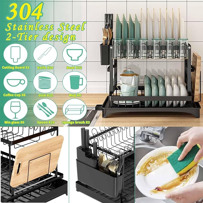 XLMYS Dish Drying Rack, 2 Tier Large Dish Drying Rack