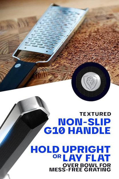 Dalstrong Professional Wide Cheese Grater - Ribbon - #304 Stainless Steel Blade - G10 Handle Kitchen Shredder - w/Blade Cover - Medium/Soft Cheese, Chocolate, Citrus, Root Vegetables - NSF Certified
