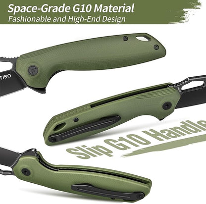 FINTISO Pocket Knife 3.38" Folding Knife Premium 14C28N Blade with G10 Handle, Camping Survival Hiking Knife, Best Gift for Men Women, Atlas Series