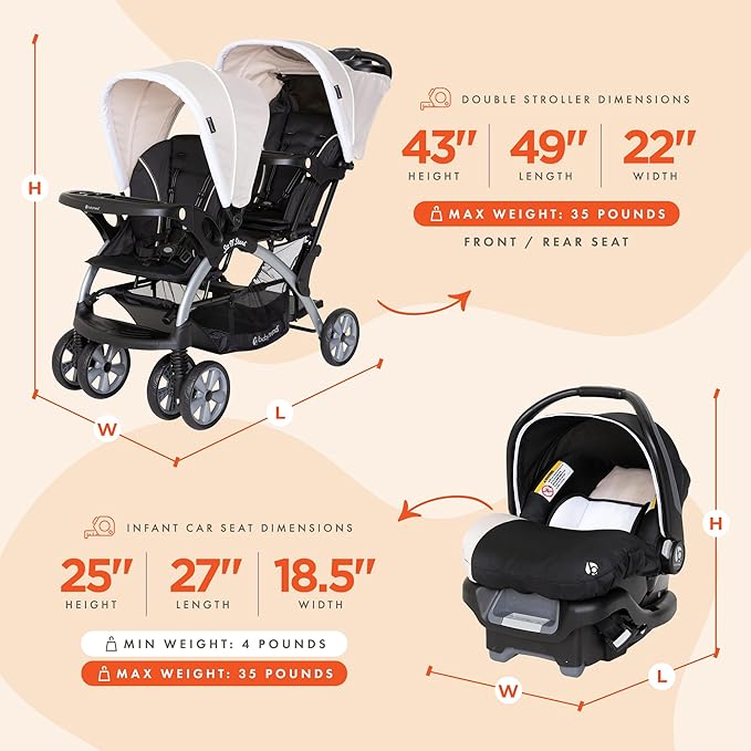 Baby Trend Infant and Toddler Double Stroller & 2 Car Seat Combo, 3 Pc Set, Khaki - Portable and Lightweight Stroller Duo and Car Seat Travel System Tandem