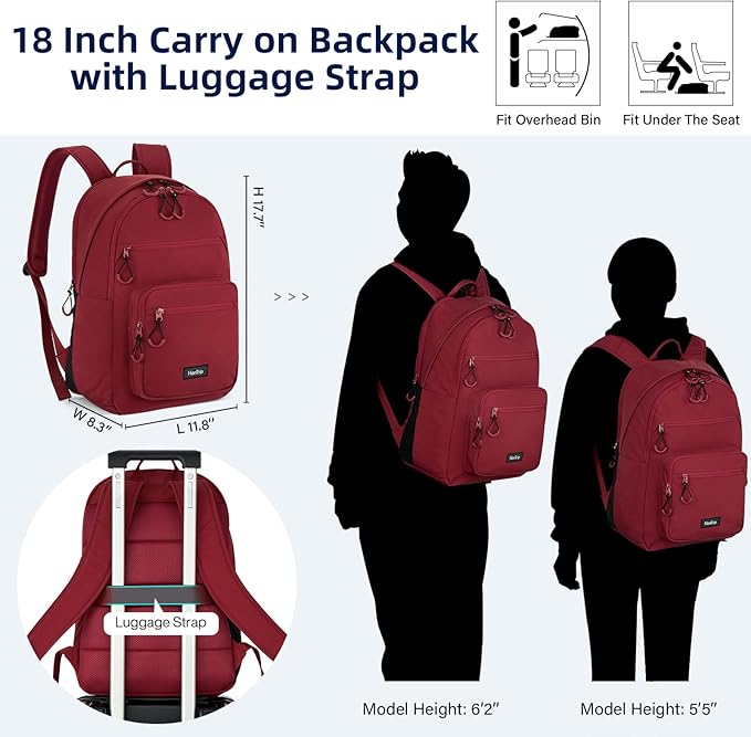 Carry On Travel Backpack For Women, 18 Inch Water Resistant Large Backpack Lightweight Bookbag For Men, 8x14x18 Personal Item Bag Casual Daypack Backpacks For Work Office Commuter (Burgundy)