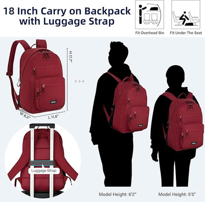Carry On Travel Backpack For Women, 18 Inch Water Resistant Large Backpack Lightweight Bookbag For Men, 8x14x18 Personal Item Bag Casual Daypack Backpacks For Work Office Commuter (Burgundy)