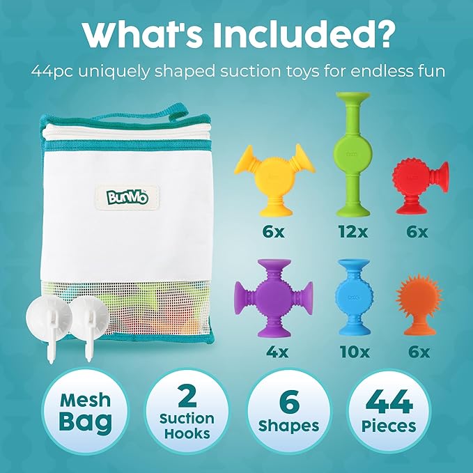 BUNMO Bath Toys Suction - Connect, Build, Create - Bath Toys - Hours of Fun & Creativity - Fine Motor Skills - Stimulating Sensory Toys - Non-Mouthable Toy 3+ - Textured 44 Pack