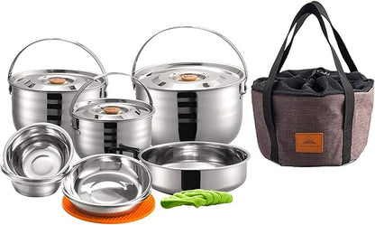 CAMPINGMOON Camping Cookware Set Stainless Steel Outdoor Nesting Cooking Mess Kit Pots Pans Bowls with Storage Carrying Tote Bag