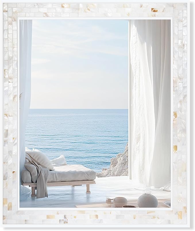 Tanmicoshomy 30 x 36 Inch White Rectangle Wall Mirror, Natural Shell Framed