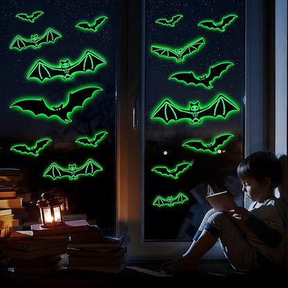 3 Sheets Glow in The Dark Halloween Skeleton Bat Decals Luminous Halloween Skeleton Bat Stickers Removable Bat Wall Decor Glowing Window Clings for Scary Halloween Theme Party Decorations